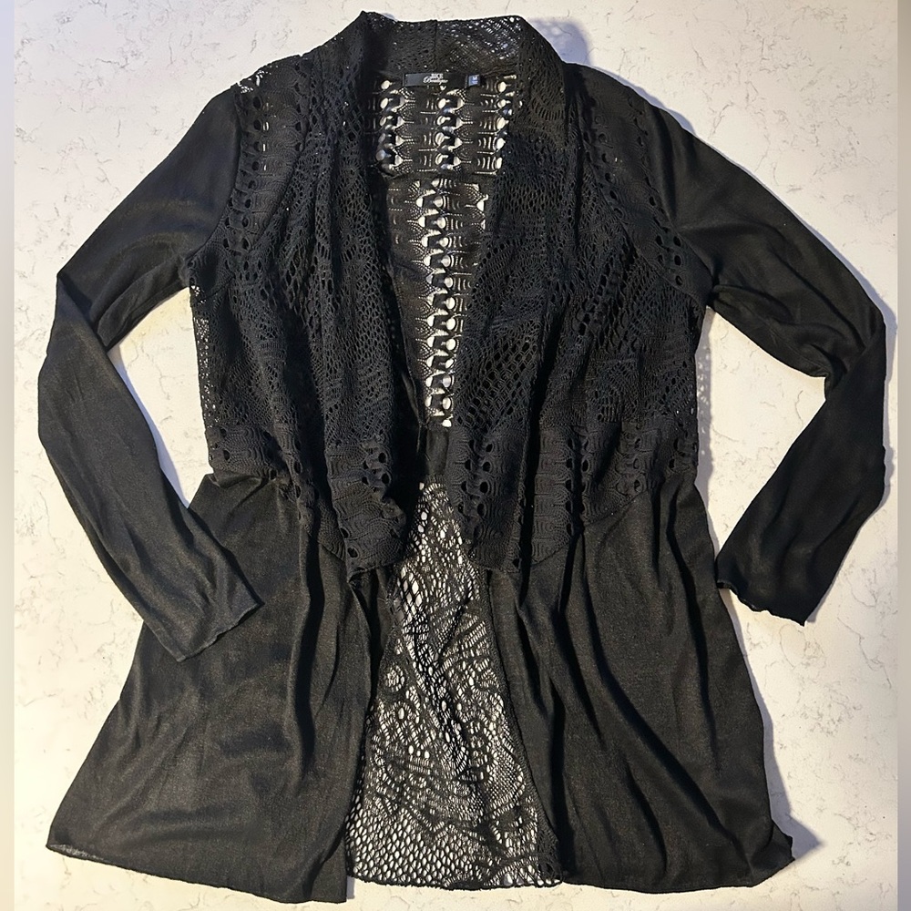 BKE Boutique Black Women's Crochet Lace Open-Front Cardigan - Picture 8 of 13